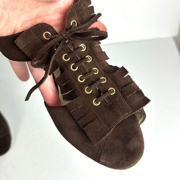 Bettye Muller Brown Suede High Heels Sandals Lace Up with Fringes Italy 40 US 10 - Picture 6 of 15